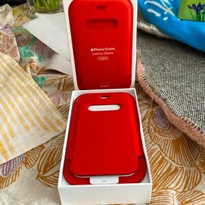 Christmas Red iPhone12 mini leather sleeve w/ leather wrist attachment.New w/box